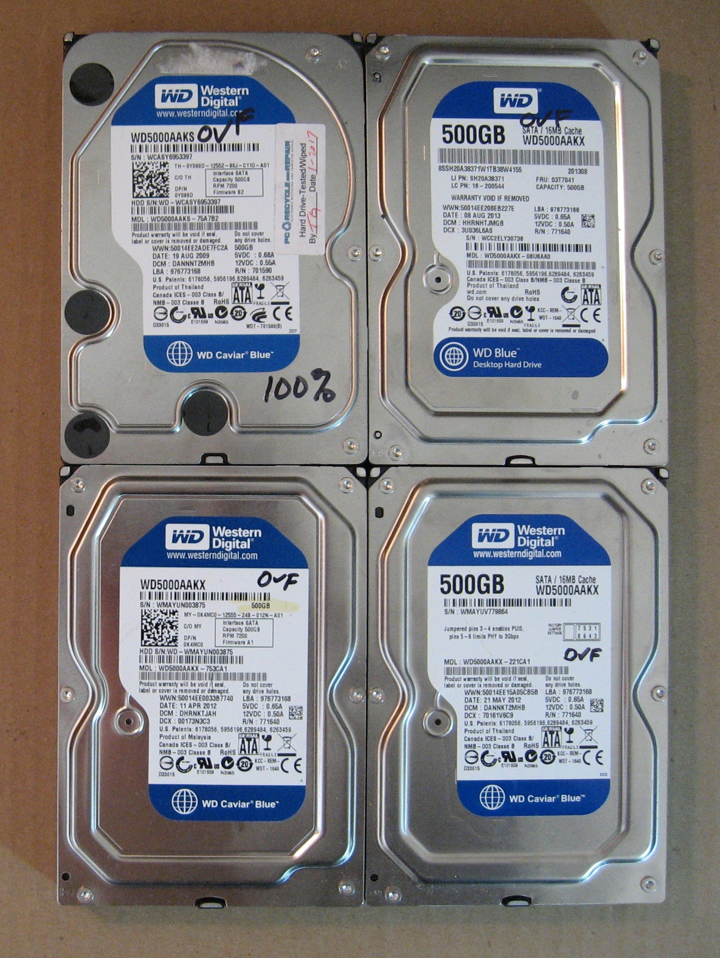 500GB HDD Lot of 4 WD 0258