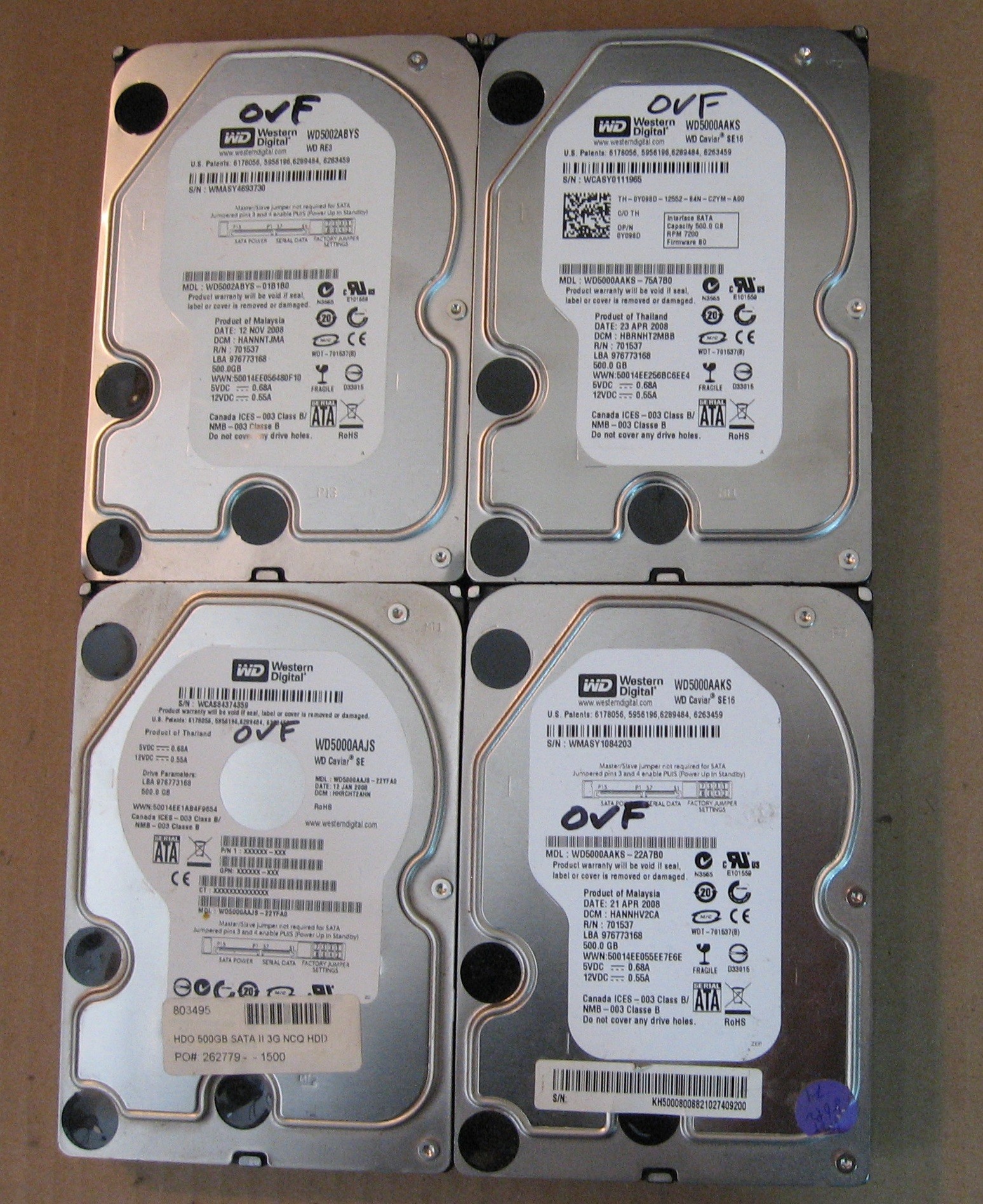 500GB HDD Lot of 4 WD 0260