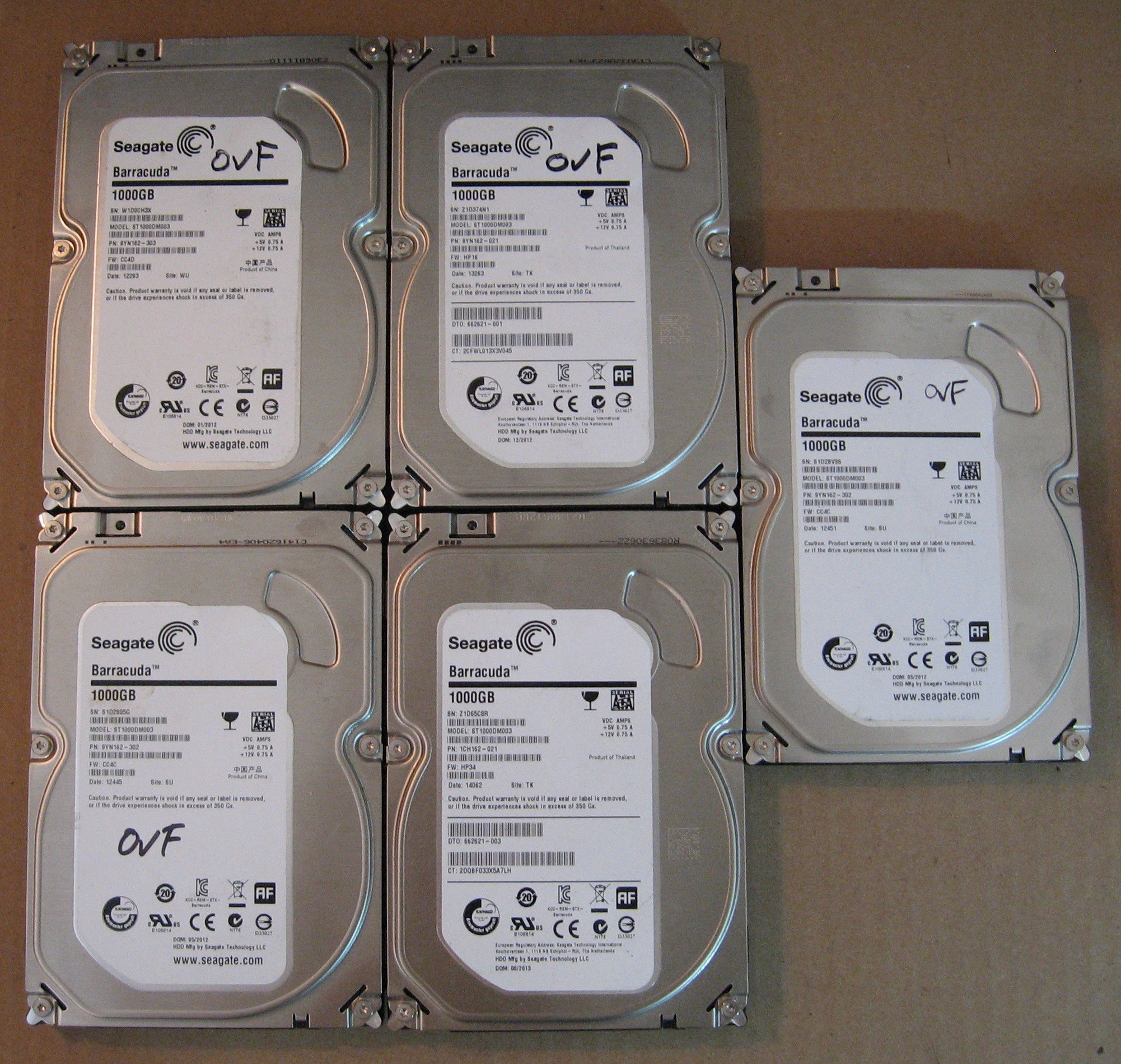 1TB HDD Lot of 5 Seagate 0283