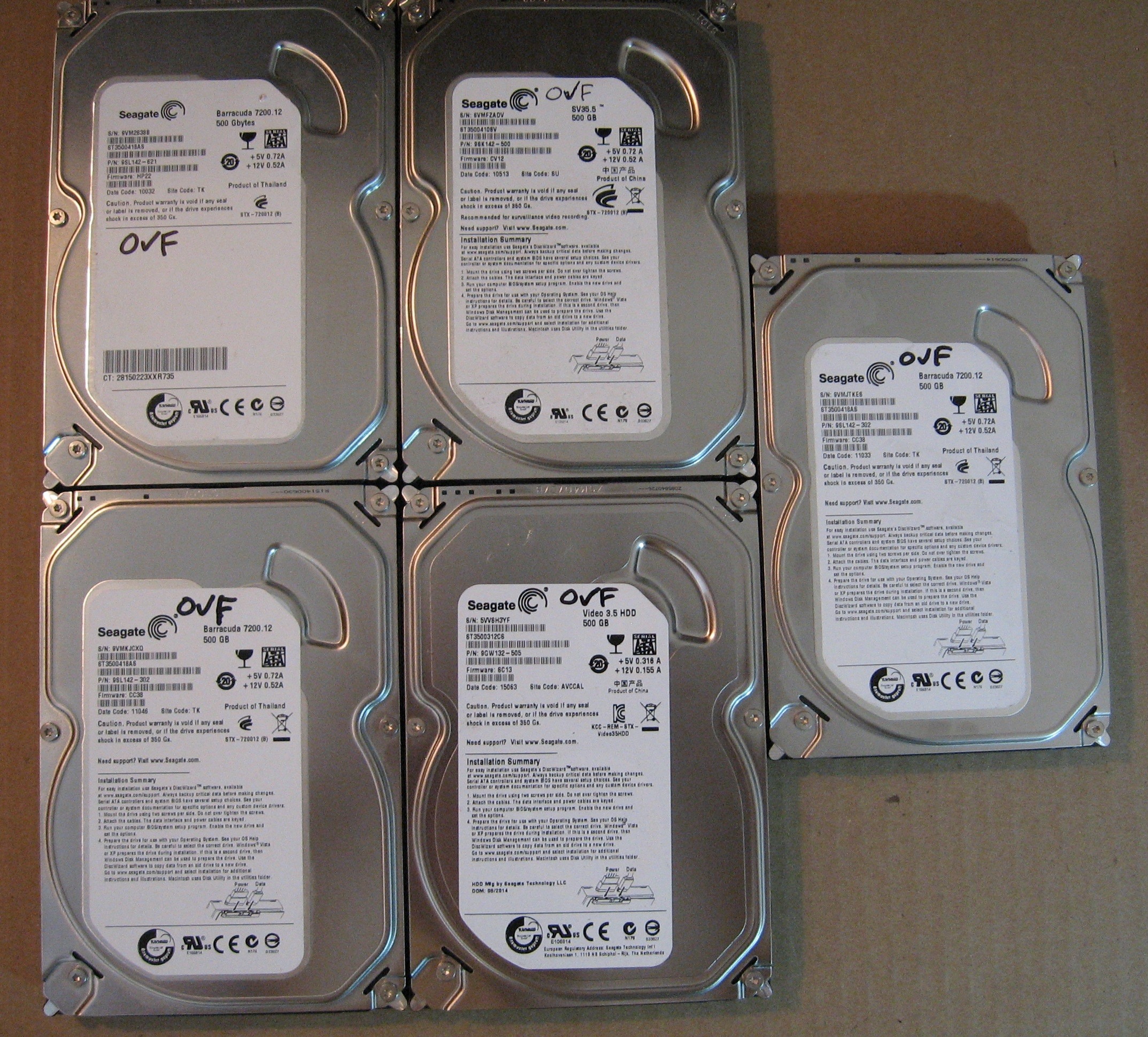 500GB HDD Lot of 5 Seagate 0306