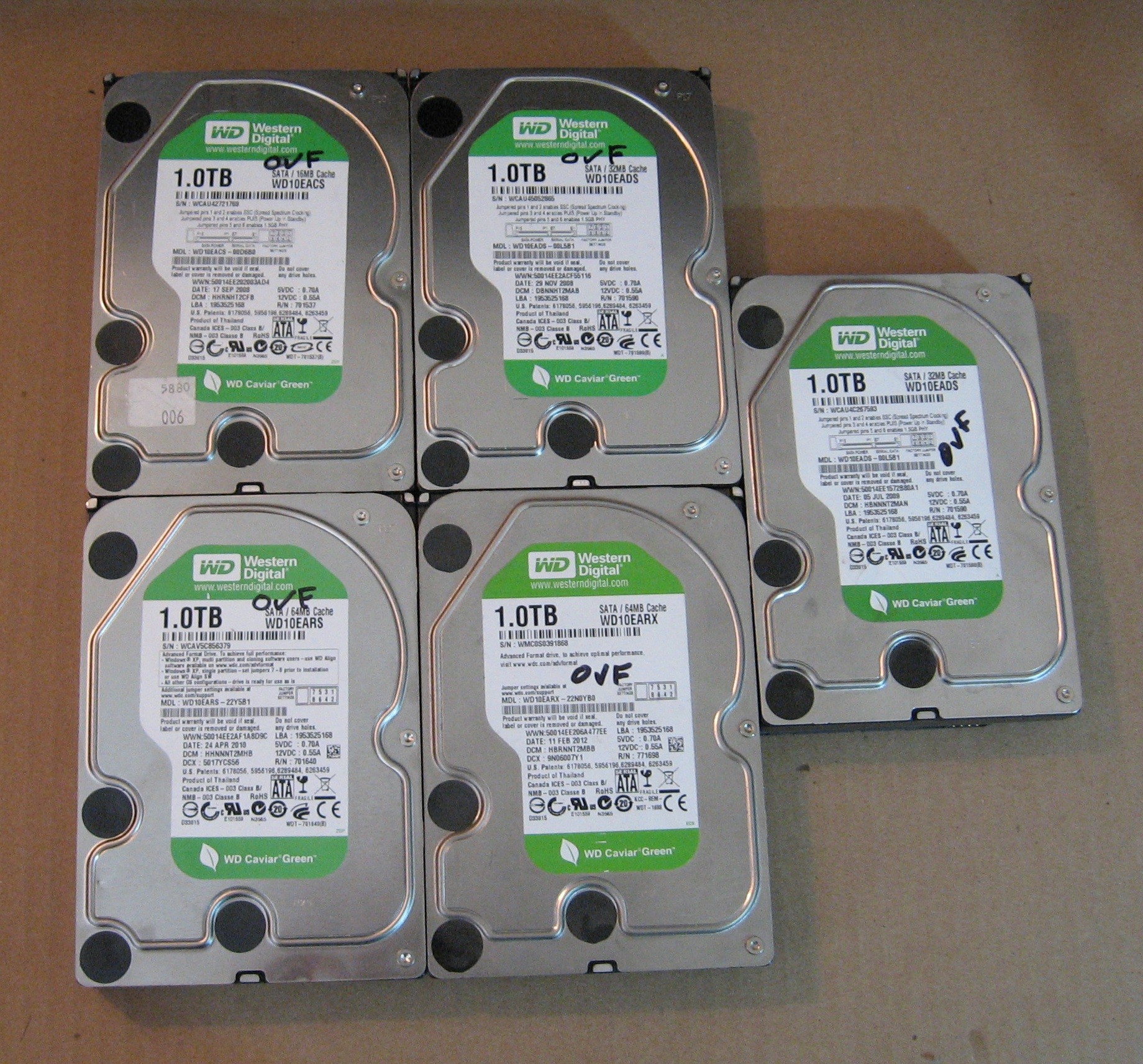 1TB HDD Lot of 5 WD 0345