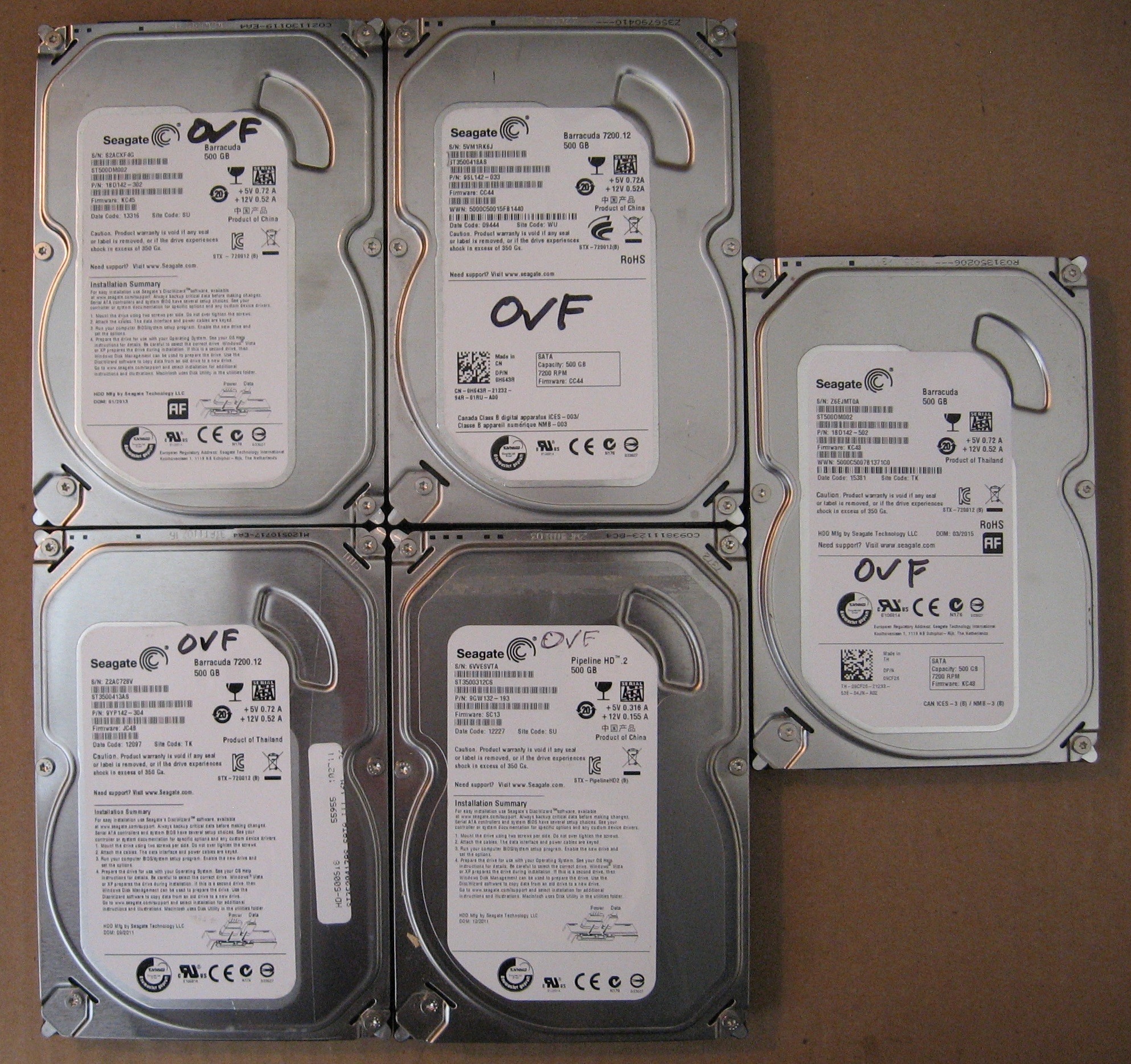 500GB HDD Lot of 5 Seagate 0780