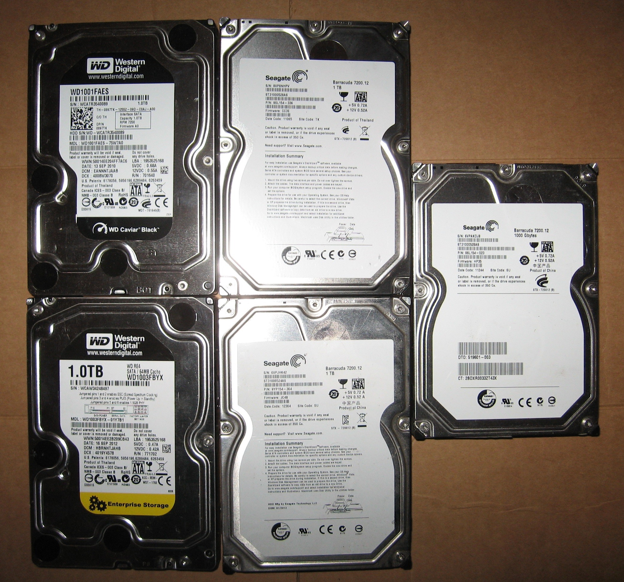 1TB Lot of 5 Seagate and WD